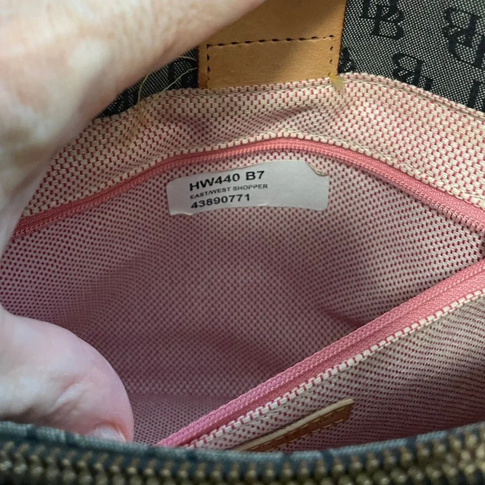 Dooney & Bourke Gray Canvas East/West Shopper Monogram‎ Tote Bag Tan Leather EUC